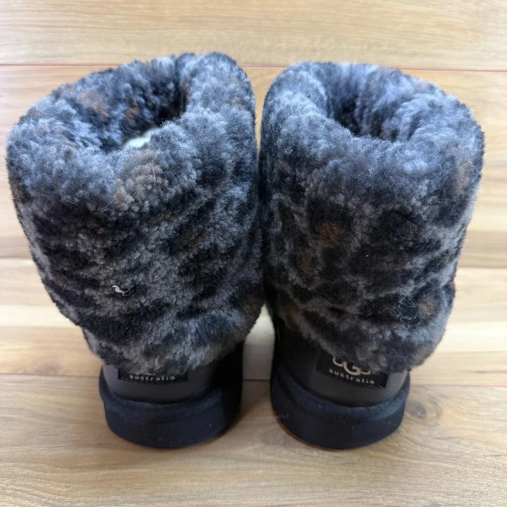 UGG Ellee Leopard Cheetah Print Fur Boots Youth Girls 6 Black Leather Cozy